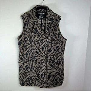 Calvin Klein Women's Heavy Fleece Long Vest Black Brown Animal Print Full Zip XL